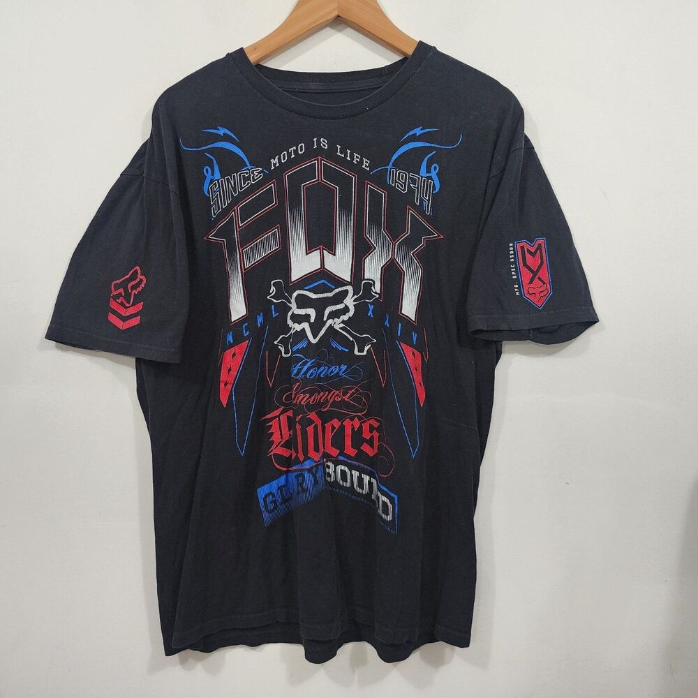 Y2K Fox Racing Moto Is Life Graphic T-Shirt Heritage Motocross Black Blue Mens L